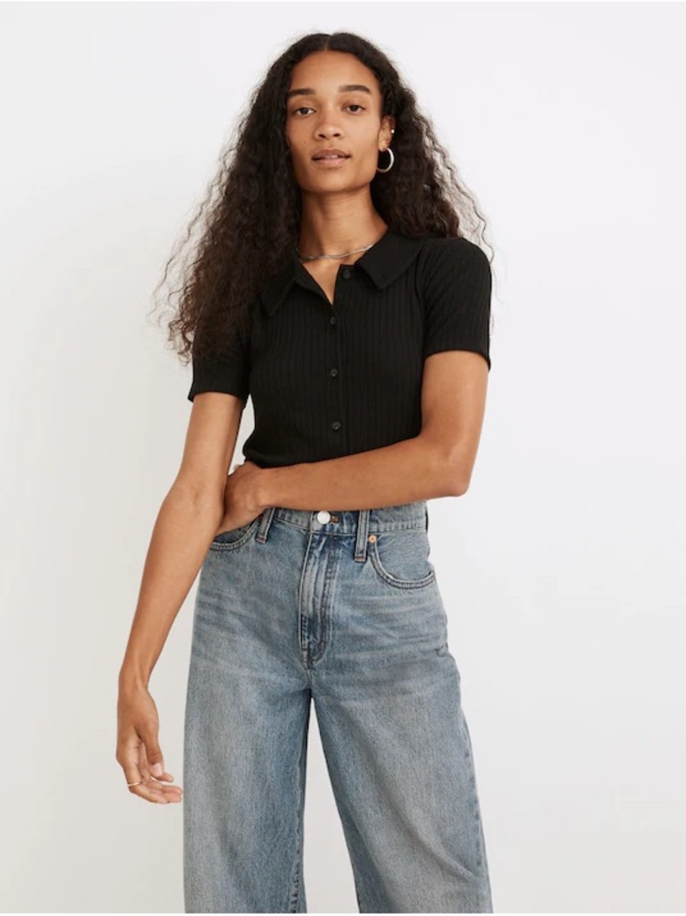 Madewell Black Ribbed Short-Sleeve Button-Down Polo